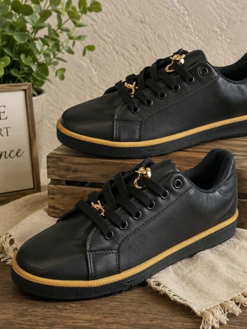 Classic Women's Black Leather Sneakers with Gold Accent